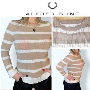 ALFRED SUNG Cotton Crew Neck Knit Striped Sweater